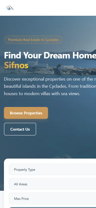 Η αρχική οθόνη του Homes in Sifnos σε κινητό