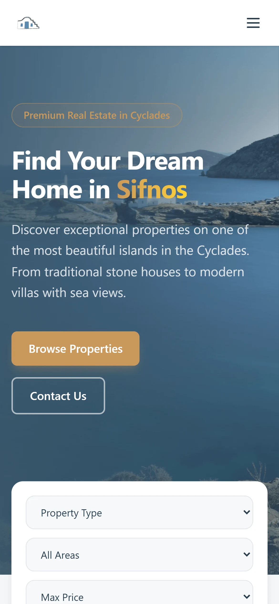 Η αρχική οθόνη του Homes in Sifnos σε κινητό
